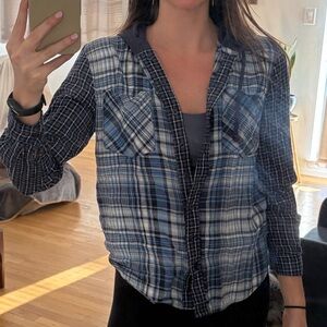 Blue Plaid Button-Up Shirt with Hood